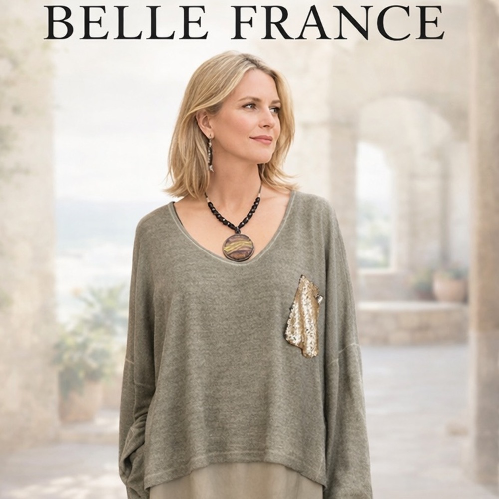 Belle France,Italian Layered,Relaxed Knit Top Sequin-Pocket Luxe Tunic Size XL